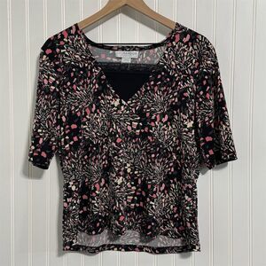 Sag Harbor‎ L Abstract Print Faux Wrap Top Lace Trim Stretch Blouse Pink Black